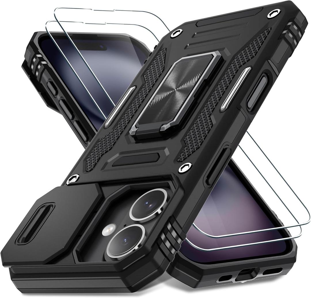 DEERLAMN Case for iPhone 16 with Slide Camera Cover+Screen Protector (2 Packs), Rotated Ring Kickstand Military Grade Shockproof Protective Cover-Black