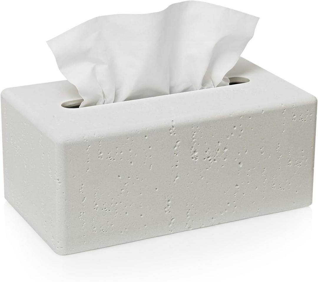 Tissue Box Cover Rectangle, Resin Decorative Facial Tissue Holder Covers Toilet Paper Holder Travertine Stone Look Paper Dispenser Home Decor for Bathroom Bedroom Living Room Office - Off White