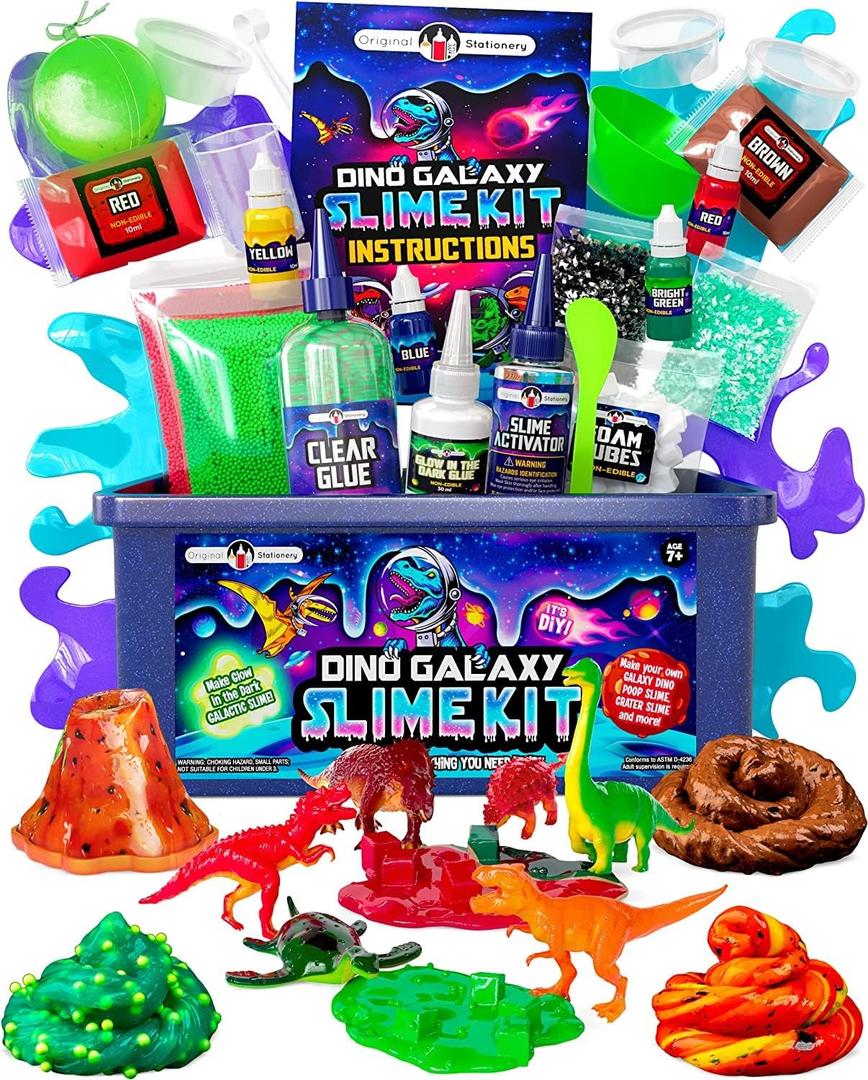 Original Stationery Dino Galaxy Slime Kit for Boys, Glow in The Dark Slime Kit, Includes Dino Toys and Galaxy Slimes, Fun DIY Kit, Birthday and Easter Gift Idea