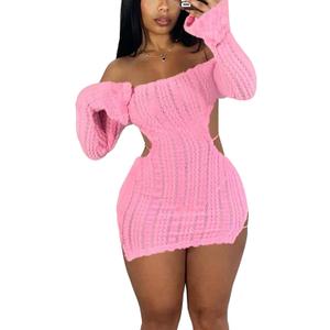 Sexy Off Shoulder Fuzzy Y2K Mini Dress for Women Strappy Backless Long Sleeve Party Club Birthday Dresses Date Night (Large, Pink)