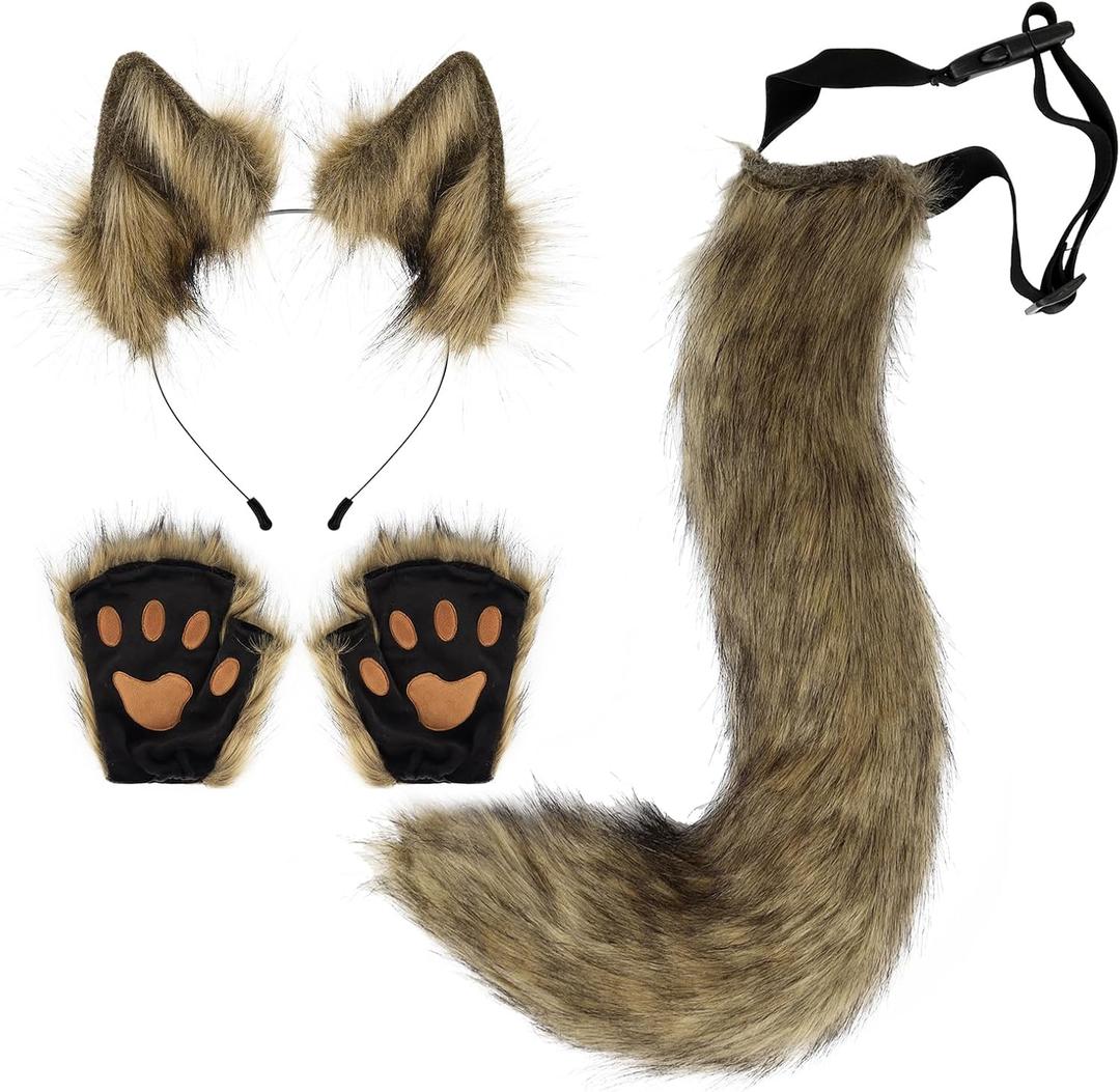 Faux Fur Wolf Ears Headband Fox Tail and Paw Gloves Set Cosplay Halloween Costume Accessories