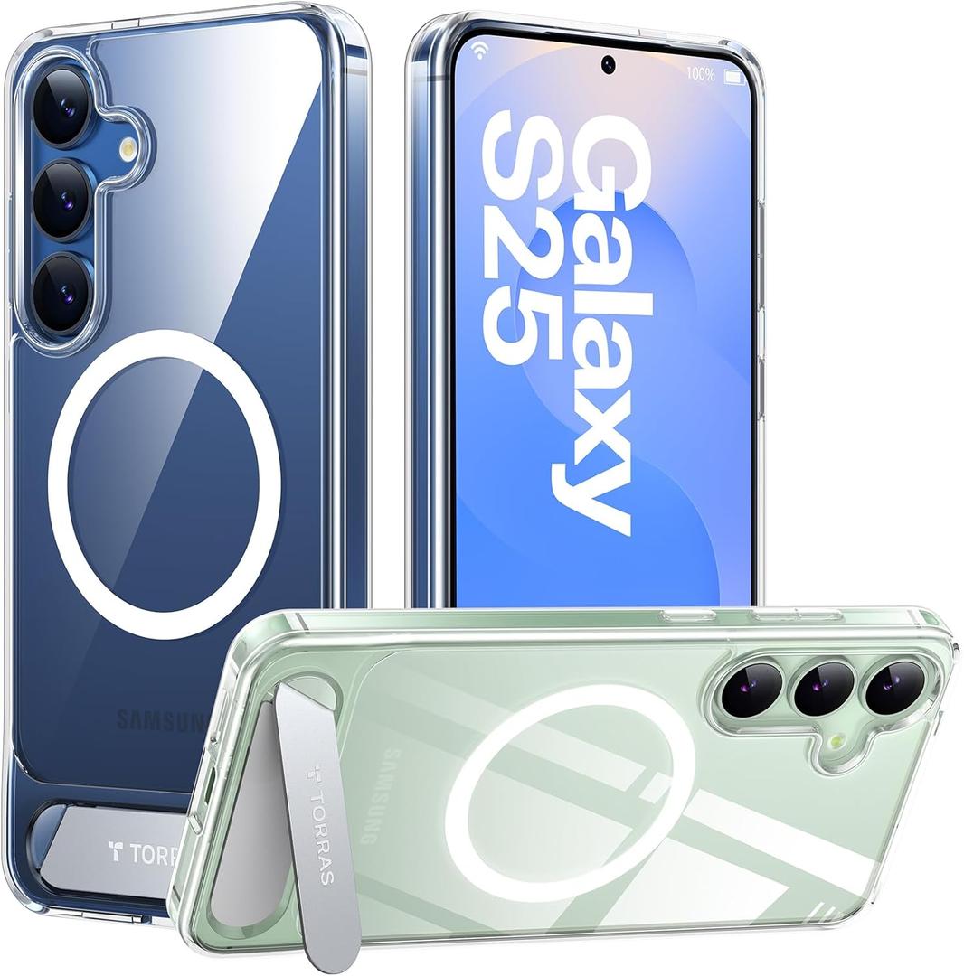TORRAS Strong Magnetic & Seamless Stand for Samsung Galaxy S25 Case, Fit for MagSafe, Mil-Grade Drop Protection, Adjustable Kickstand for Samsung Galaxy S25 Case, Anti-Yellowing Diamond Clear