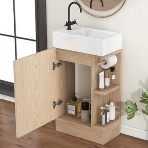 Gecheer 18.6" Bathroom Vanity with Sink, Bathroom Vanity Cabinet with Two-Tier Shelf, Left or Right Orientation, Natural Bathroom Storage Cabinet YHSN725P212181N