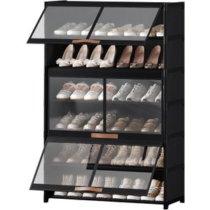 Shoe Rack, 7 Tier Shoe Storage Cabinet with Doors, 28 Pair Shoe Shelves Organizer for Entryway Closet, Plastic Shoe Shelf with Metal Frame for Bedroom Hallway, Black