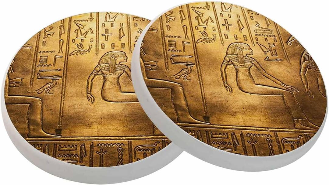 Egyptian Hieroglyphics Coasters Ancient Golden Art Historical Civilization Absorbent Drink Coaster Set of 2 Unique Beer Beverage Coasters for Coffee Table Cup Bar Coasters Cute Cork Ceramic Coasters (4 Inch)
