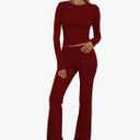 Women's Workout 2 Piece Lounge Sets Long Sleeve Tops Foldover Flare Pants Casual Outfits Tracksuit. Wine Red M