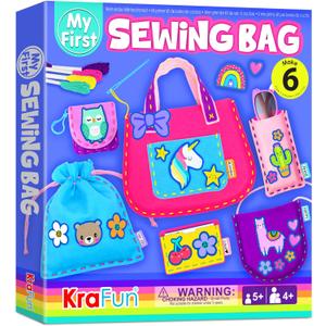 KRAFUN My First Sewing Bag Kit Arts & Crafts for Beginner Kids, 6 Easy DIY Sewing Handbag Pouch Sleeve Projects of Animal Theme, Instructions Learn to Sew & Felt Embroidery, Gift for Girls & Boys