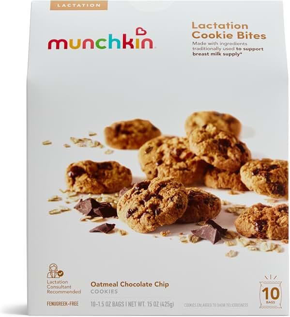 Munchkin Milkmakers Lactation Cookie Bites for Breastfeeding, Oatmeal Chocolate Chip Nursing Snacks, Fenugreek Free, 10 Pouches Exp. 01/29/2027