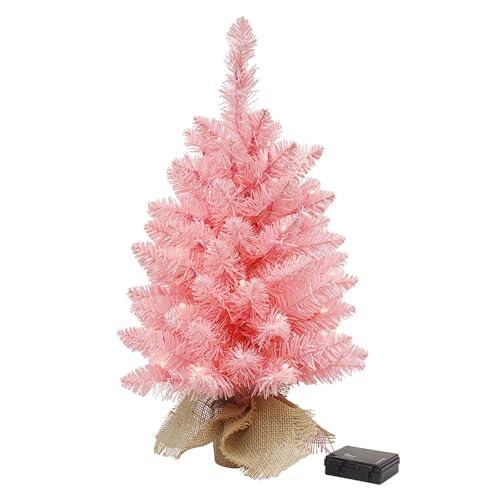 SENNOUL Small Christmas Tree with Lights,2ft Pre Lit Artificial Mini Xmas Tree for Tabletop,Outdoor,Bedroom,Office Decorations,Includes 50 Led Warm Lights,73 PVC Branch Tips,Pink（Battery Operated）