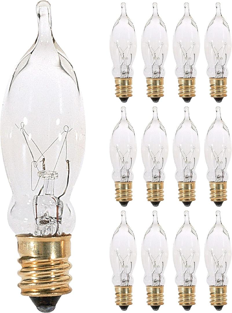 KOR (12 Pack) 7.5CFC/15/3 7.5W 120 Volt, Flame Candelabra Tip Chandelier Bulb, Clear CA5 Incandescent, Petite Decorative Lamp, E12 Candelabra Brass Plated Base, 40 Lumens, Dimmable.