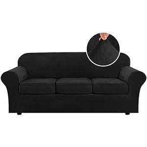H.VERSAILTEX Modern Velvet Plush 4 Piece High Stretch Sofa Slipcover Sofa Cover Furniture Protector Form Fit Luxury Thick Velvet Sofa Cover for 3 Cushion Couch Width Up to 90 Inch (Sofa,Black)
