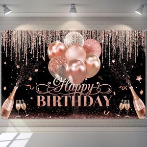 Tatuo Happy Birthday Backdrop Decorations for Women Girls Black Silver Rose Gold Happy Birthday Banner Background Party Supplies Glitter Backdrop Photography for Sweet Party Wedding Baby Shower