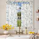 Jinchan Floral Kitchen Curtains 36 Inch Linen Tier Curtains Farmhouse Cafe Half Window Drapes Over Sink Light Filtering Blue on Beige for Living Room Laundry Tie Top 2 Panels, 26"W x 36"L 