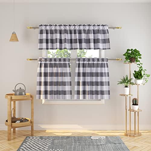 NATUS WEAVER 3 Pc Cotton Classic Country Farmhouse Kitchen Window Curtain -Grey & White Buffalo Check Tier & Valance Set, 54" x 18" / 27" x 30"