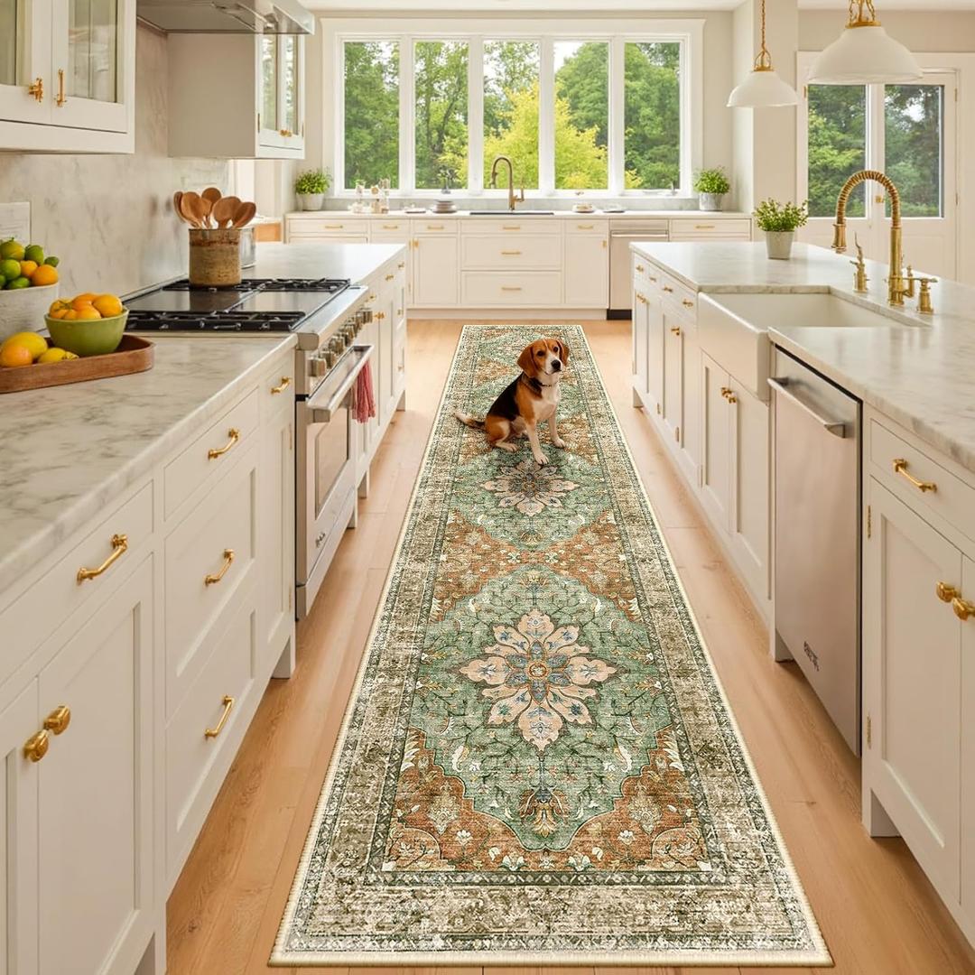 Area Rugs 2'x10' Washable Non-Slip, Floral Vintage Distress Print Pattern Medallion Carpet for Living Room Bedroom Dining Room, Brick Red Rust Neutral Brown Burnt Orange Green