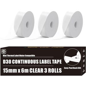 KOl.KIM Clear Continuous D30 Labels, 0.59" x 20ft Non-Precut Label Maker Tape for Phomemo D30, Vretti HP3, HP4, HP6, MARKLIFE P11, P15, D35, Q30, 3 Count