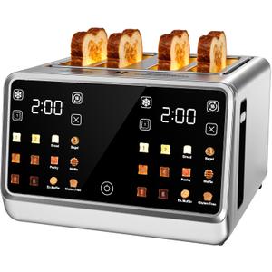 Smart Toaster 4 Slice Wide Slot Dual Digital TouchScreen & Independent Control for Family | 1800W Stainless Steel for 6 Bread Types & Toast Settings | Defrost Reheat & Single-Slice Modes
