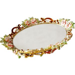 Gold Mirror Vanity Tray, Hand Painted Decorative Jewelry Tray, Metal Makeup Tray for Vanity, Dresser, Countertop (Pink Rose)