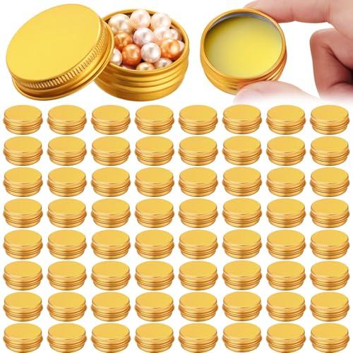 Patelai 64 Pieces Lip Balm Tin Containers Screw Top Round Tin Cans Aluminum Jar with Screw Lid, Empty Bottle Travel Cosmetic Sample Container for DIY(0.5 oz,Gold)