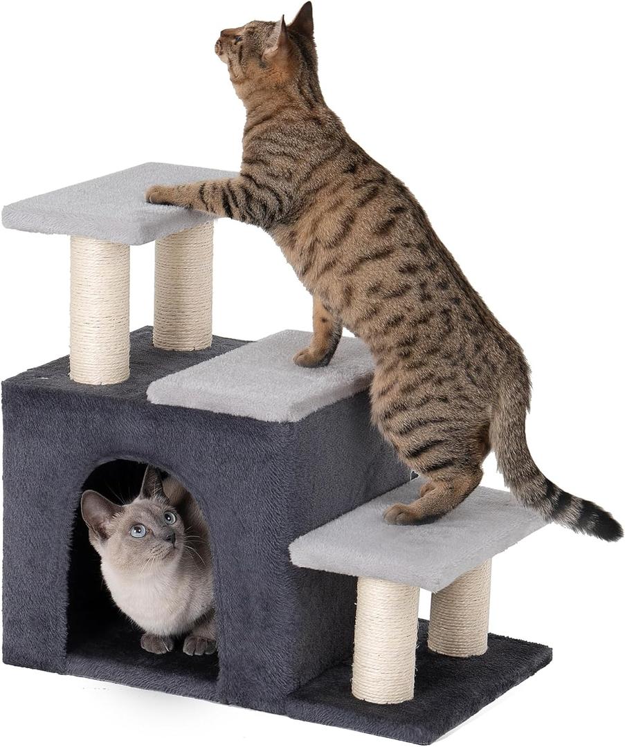 3-in-1 Pet Stairs for Cats, Dog Steps for Small Doggie Rabbits, 6.29''Depth Cat Stairs, Indoor Cat Ladders for High Bed for Pet's Joints, 1 Cat Condo Cave, Sisal Scratcher, Grey, Medium