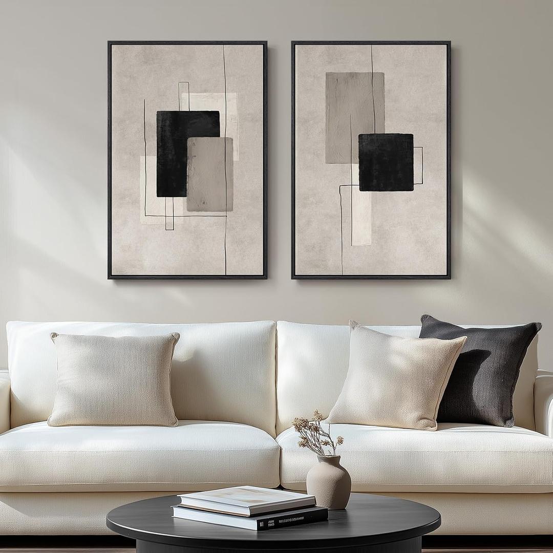Large Framed Neutral Abstract Wall Art for Living Room, Set of 2 Black and Beige Modern Canvas Prints Paintings Artwork for Walls, Minimalist Block Lines Pictures for Hallway Office Wall Decor 24x36 In, 24" W x 36" H x 2Pcs