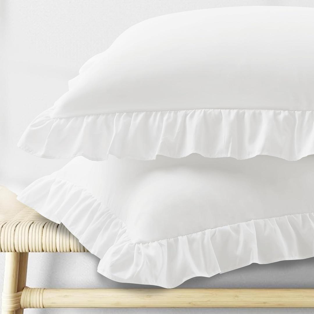 KKJIAF Ruffle Pillow Cases Queen Size Set of 2, Ruffled Pillow Covers with Envelope Closure, Wrinkle Resistant Pillowcases 20" x 30", Ruffled Pillow Shams, White