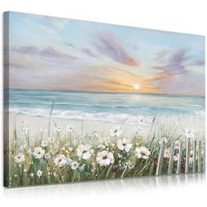 XMYATELi Sunrise Ocean Wall Art with Wildflowers Canvas Picture 30x60 Cm Framed Beach Picture for Bathroom Bedroom Wall Decor Blue Seascape Painting