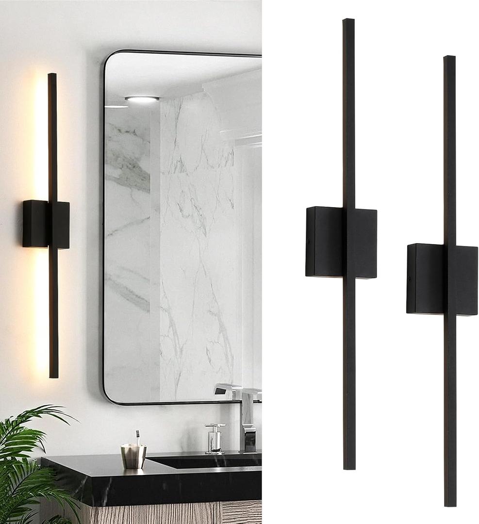 Wall Sconces Set of Two, 28 Inch Dimmable LED Wall Sconce Modern Black Sconces Set of 2 for Bathroom, Living Room, Bedroom, Hardwired 3000K (2 Pack)