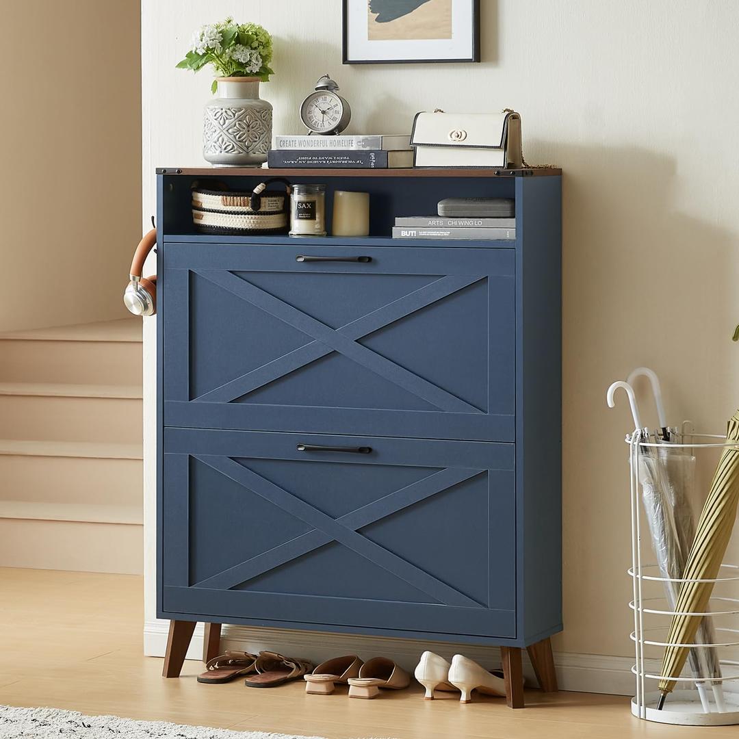 Joaxswe Narrow Shoe Cabinet with 2 Flip Drawers for Entryway,Dark Blue, 9.45"D x 31.5"W x 44.5"H