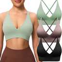 Evercute Women's Sports Bras 3/4 Pack Adjustable Deep V Neck Bras Wireless Spaghetti Strap Criss Cross Padded Low Support Bra M