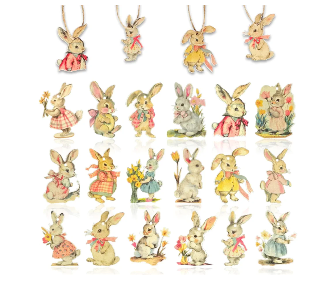 Vintage Easter Decoration Wooden Hanging Ornaments - 36Pcs Vintage Style Rabbits Bunny Wood Cutouts Rustic Farmhouse Spring Tree Decor Home Easter Party Supplies