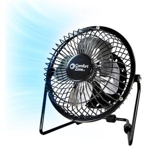 Comfort Zone 4-inch All-Metal Desk Fan with USB or Power Cord, Single Speed, 360 Degree Adjustable Tilt, Compact & Durable Mini Electric Fan for Home, Office or Travel Use, Black