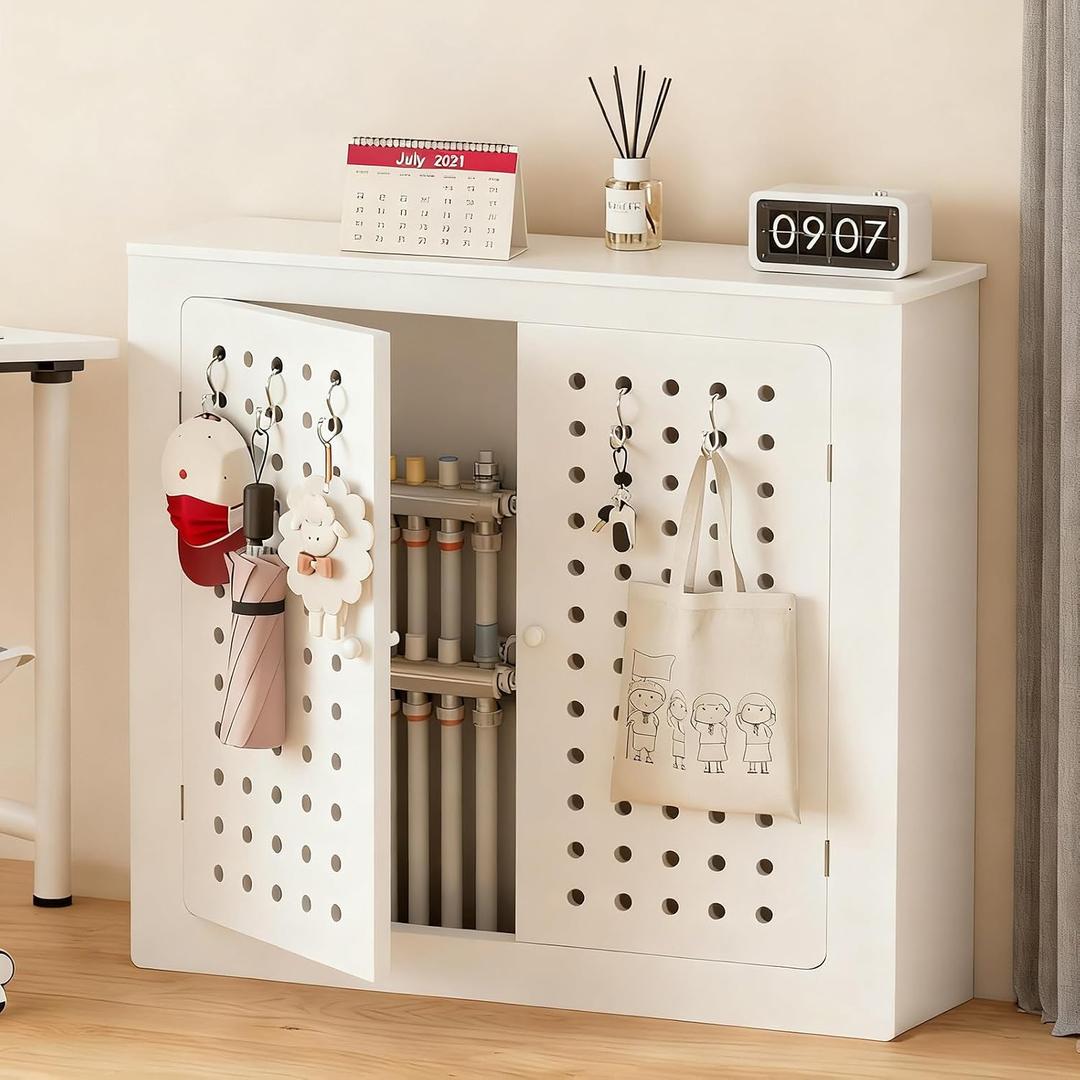 Radiator Covers for Home with Doors White Pegboard Heater Cover Modern Radiator Shelf Cover, for Living Office Heating Decorative Cabinet (27.5" Lx27.5 Hx7.9 D)