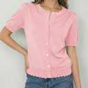 Saodimallsu Womens Puff Short Sleeve Cardigans Lightweight Button Down Shirts Crew Neck Casual Knit Sweater Tops (Pink, L)