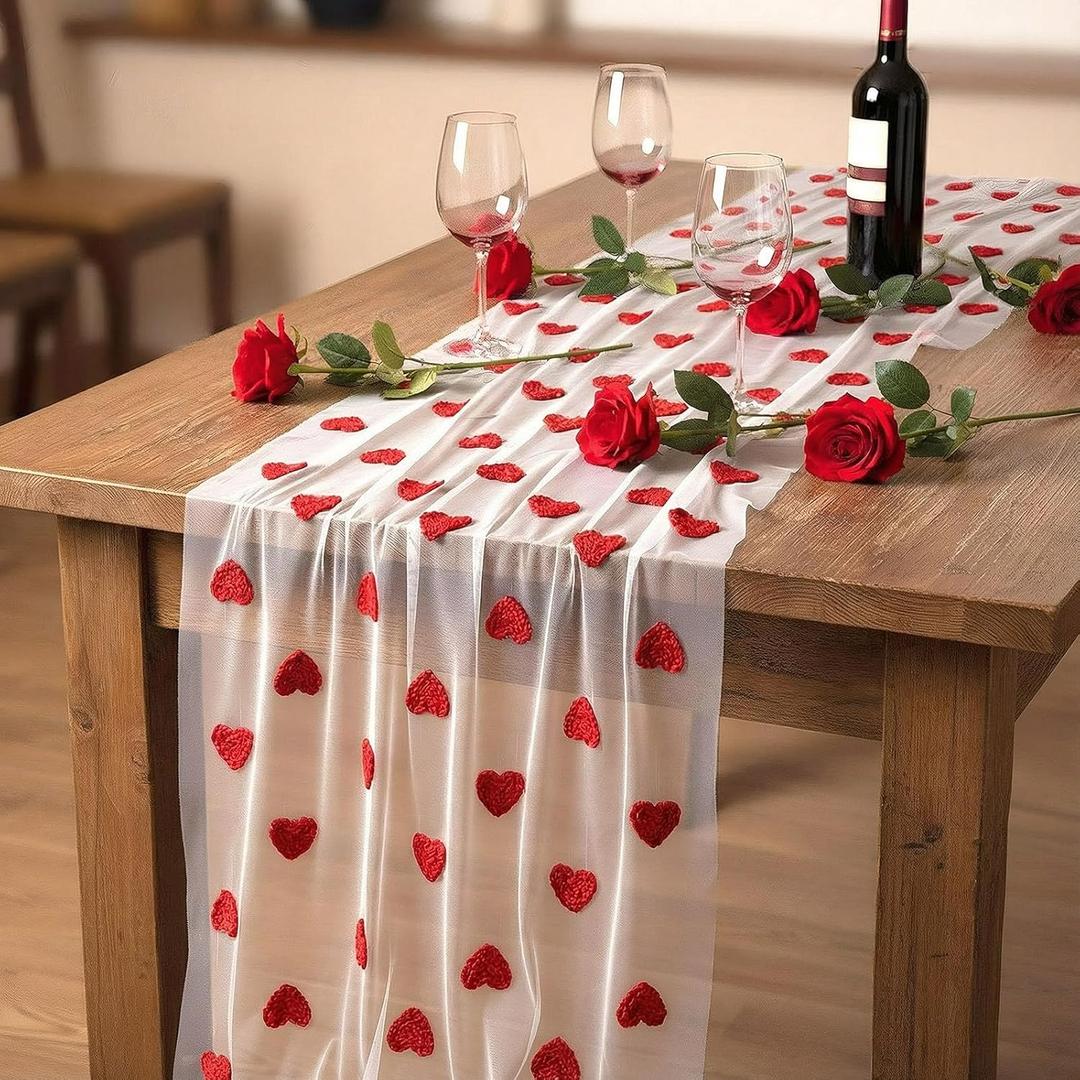 Boao Embroidery Valentines Day Table Runner 30 x 118 Inch Lace Gauze Love Heart Table Decor for Wedding Party Valentines Decorations Anniversary Mother's Day Home Party(Red Heart)