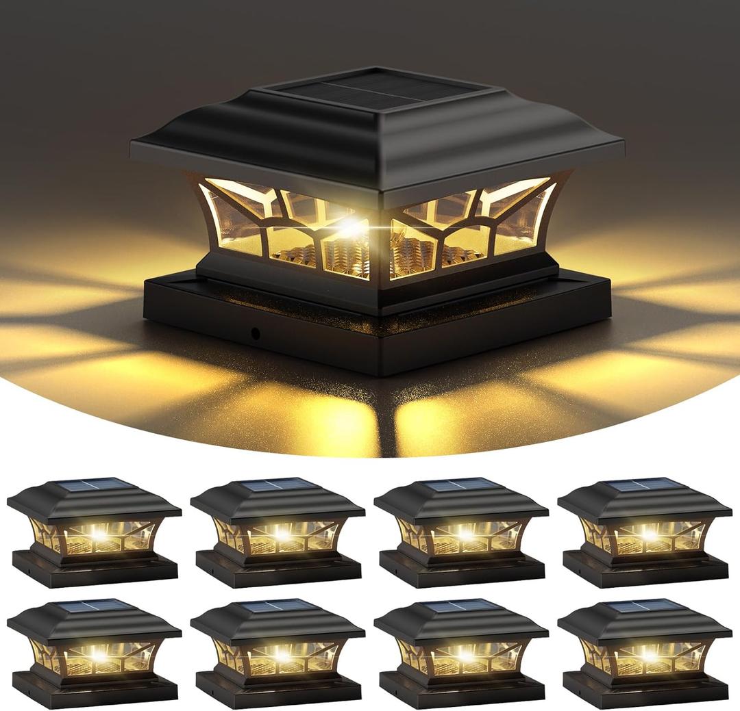8 Pack Solar Post Cap Lights Outdoor Waterproof, Fits 4x4, 5x5, 6x6 Wooden & Vinyl Fence Decks, Edison LED Bulb with Warm & Cool White Light Modes (Classic Black, 8)