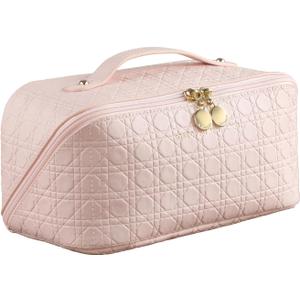 Travel Makeup Bag, Large Capacity Cosmetic Bag Portable Toiletry Bag for Women, PU Leather Waterproof Makeup Organizer Bag with Divider (Pink)