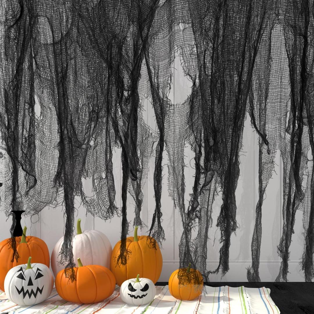 400" x 85" Halloween Creepy Cloth - Large Size Spooky Fabric - Scary Gauze Blood Cloth for Haunted House, Party, Yard Decoration (Black)