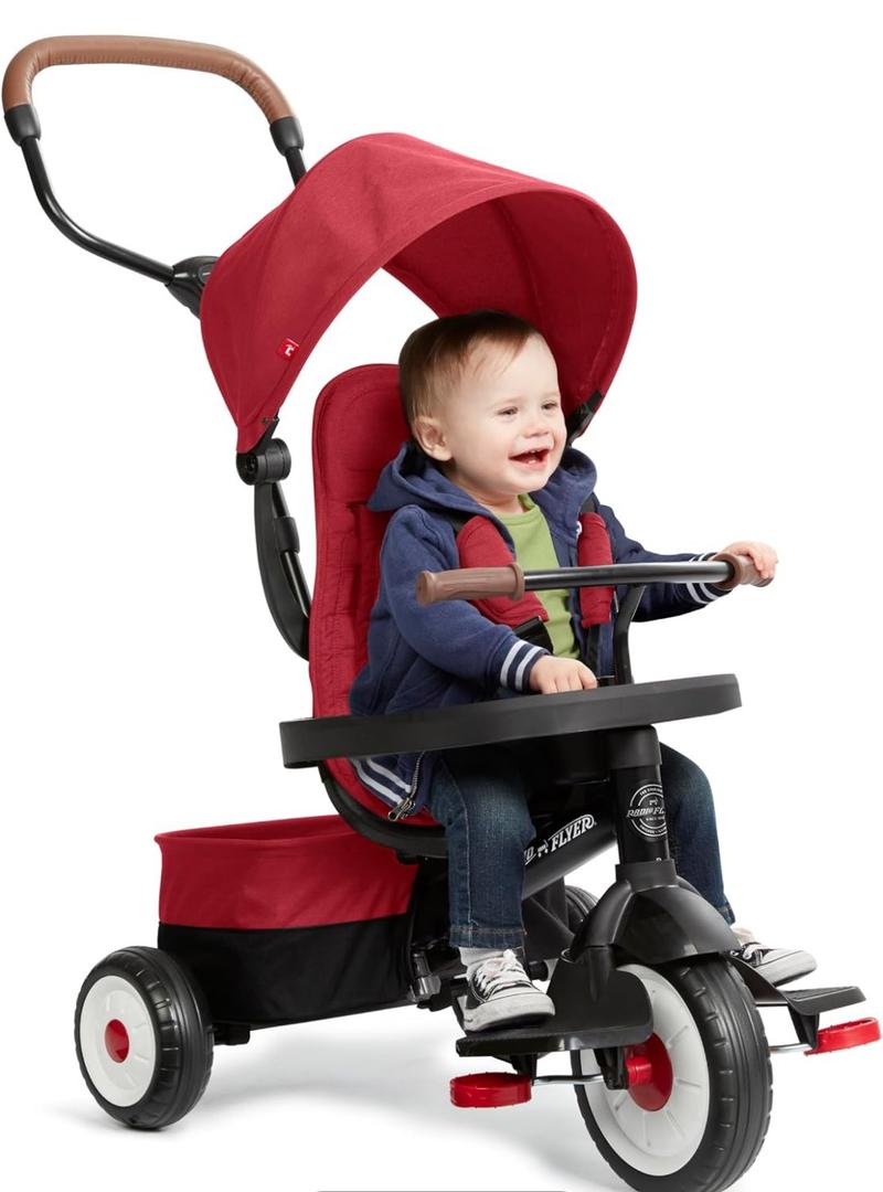 Radio Flyer City 4-in-1 Stroll 'N Trike, Red, for Riders 1-5 Years Old, 4 Riding Modes, 3 Point Harness with Comfort Pad, Parent Controlled Steering, Rear Storage, Stroller Tricycle for Toddlers