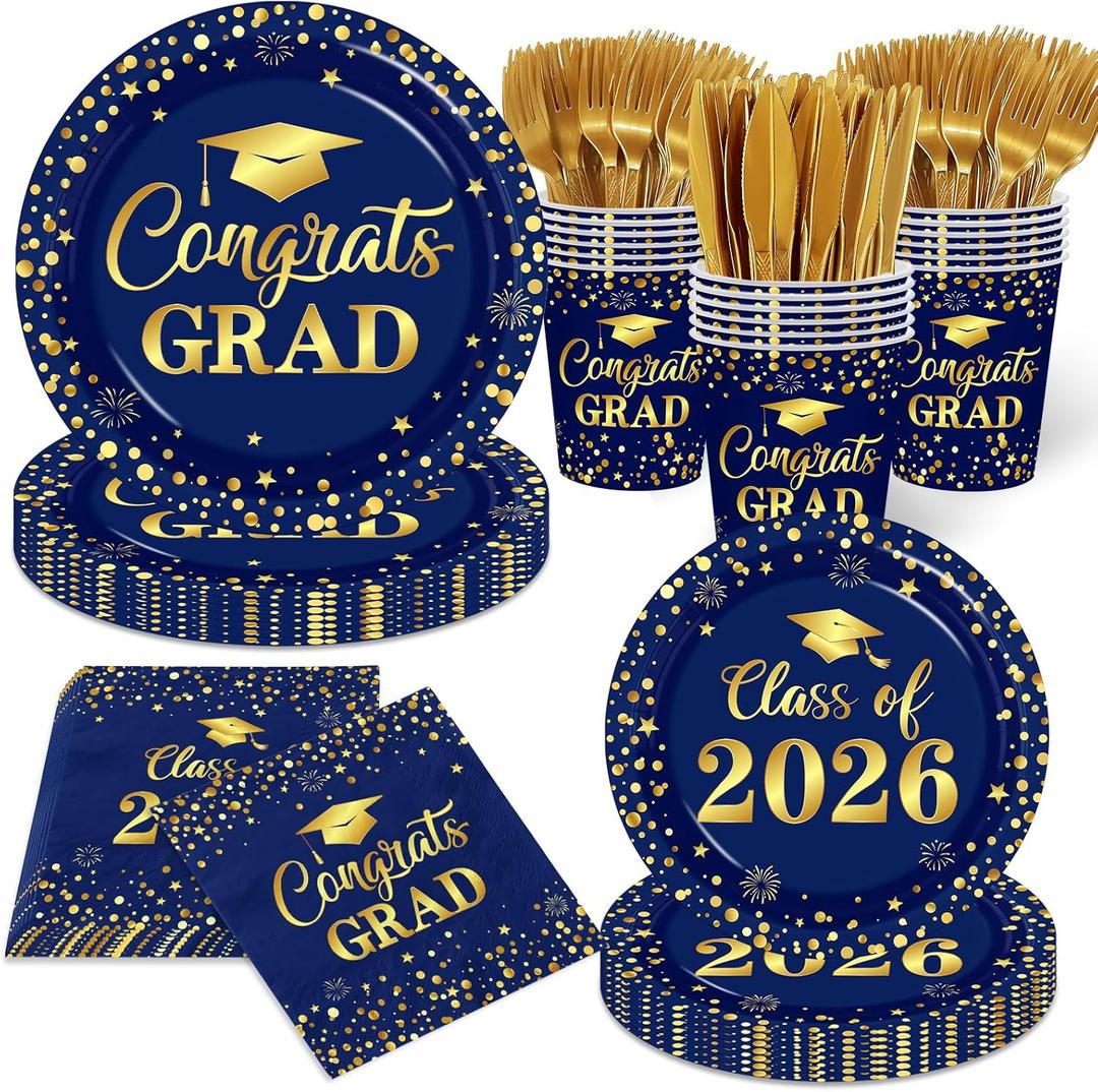 2026 Graduation Decorations Party Supplies-Graduation Plates and Napkins,Navy Blue Graduation Decorations 2026 Tableware Class Of 2026 Grad Paper Plates and Napkins for Congrats Grad Party
