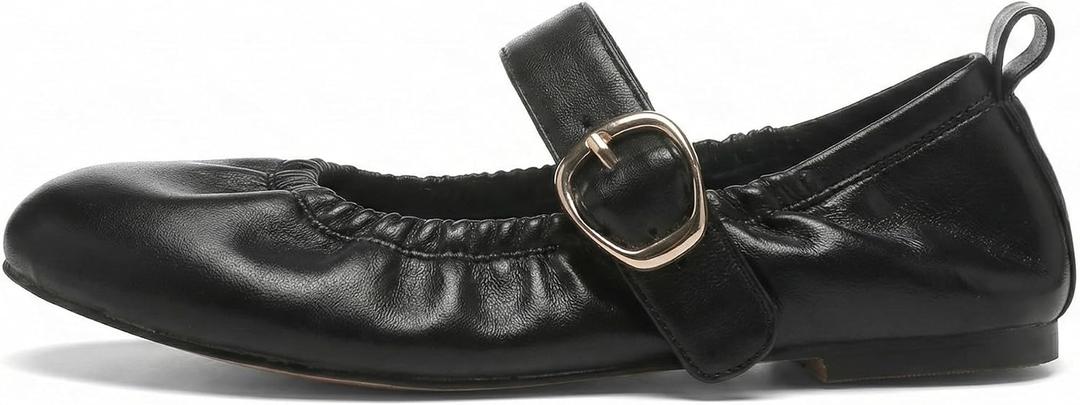 VOLEECE Women's Ruched Ballet Flats Buckle Strap Mary Jane Flat Shoes Slip On Soft Faux Suede Round Toe Comfort Ballerina for Casual Dress (Black)