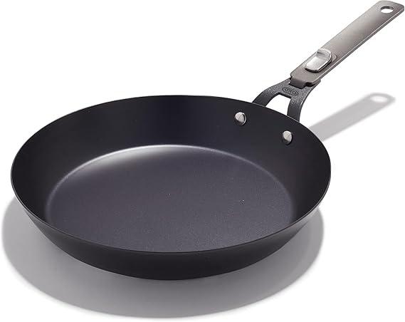 OXO Outdoor Pre-Seasoned Carbon Steel 12" Frying Pan Skillet, Detachable Handle for Easy Storage, Indoor Use, Nonstick with Use, Induction Suitable, Oven & Broiler Safe, Browning, Grill, Sear, Saute, Black
