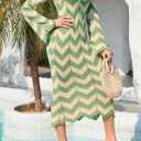 Saodimallsu Womens Striped Bodycon Beach Dress V Neck Tie Front Bell Sleeve Crochet Cover Up Vacation Long Dresses (Green)