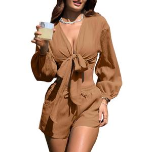 Herseas Women's Swimsuit Coverup Self Tie Blouse Shorts Set Bikini Cover Up Beach Outfit (White, L) Herseas Women's Swimsuit Coverup Self Tie Blouse Shorts Set Bikini Cover Up Beach Outfit (White, L)