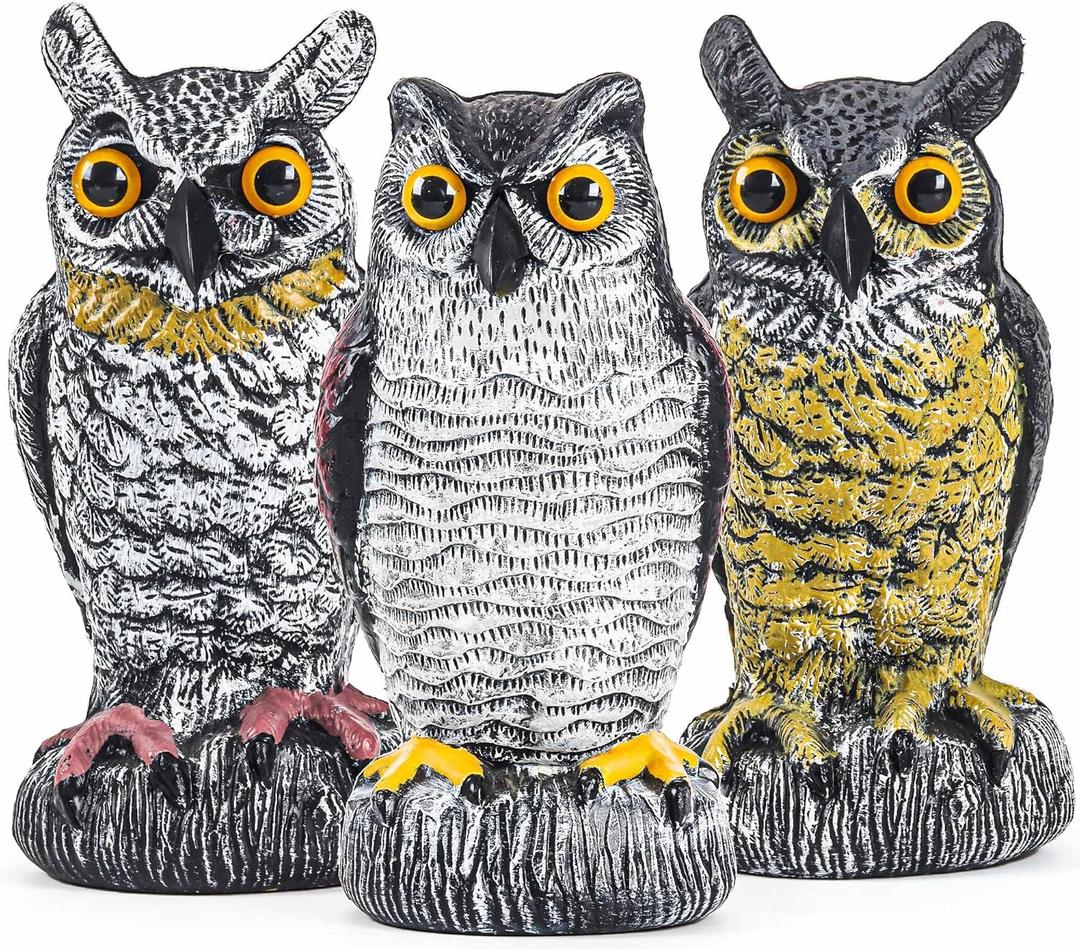 3 Pack Owl Decoy to Scare Birds Away, Fake Owl Scarecrows, Pigeon Deterrent, Plastic Owl Statue for Outdoor Garden Yard