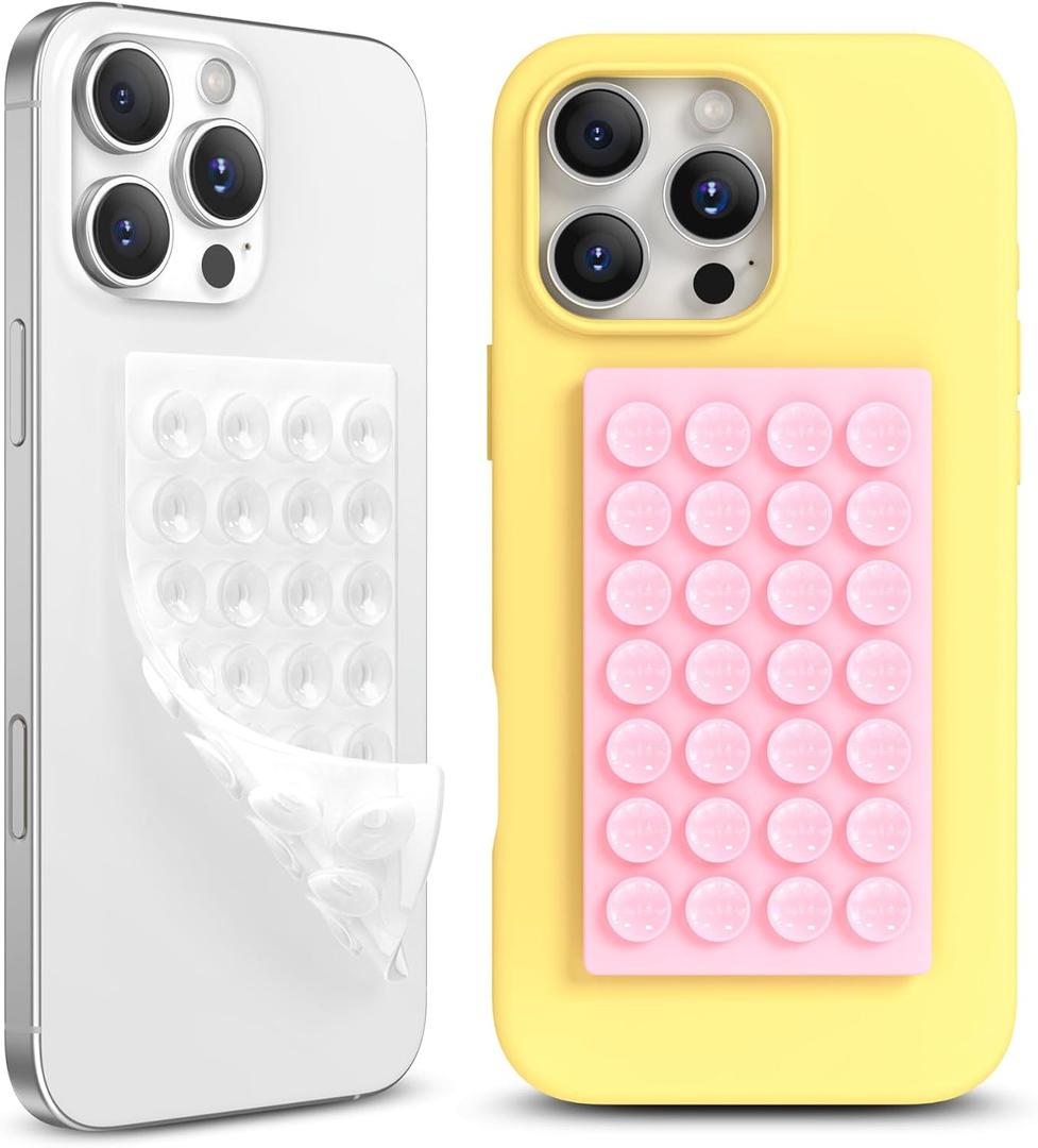 2 x 2 Pack Silicone Suction Cup Phone Case Mount Double-Sided, Hands-Free Strong Grip Holder for iPhone and Android, Sticky Phone Stand for Selfies and Videos, Pink+Transparent