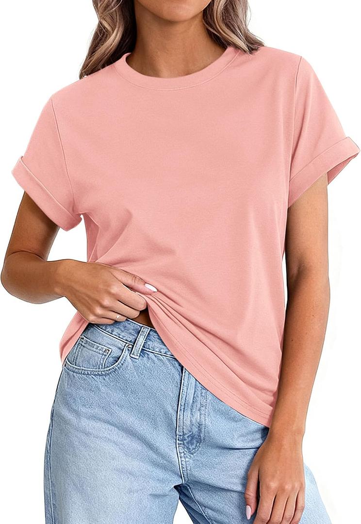 PRETTYGARDEN Womens Summer Tops 2026 Spring Casual Rolled Short Sleeve Basic Tees Crew Neck Work Shirts Fashion Clothing XL