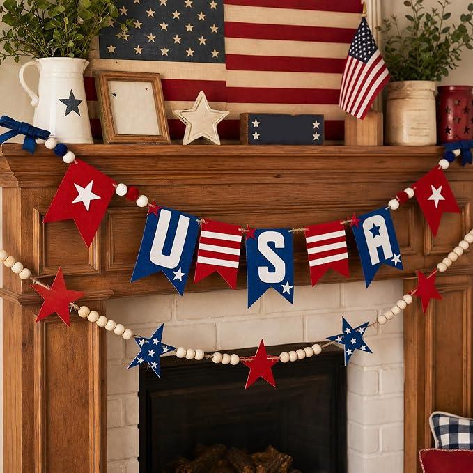 2 Pcs Patriotic 4th of July Garlands, red White and Blue Garland for Memorial Day, Fourth of July Independence Day Supplies Home Party Décor