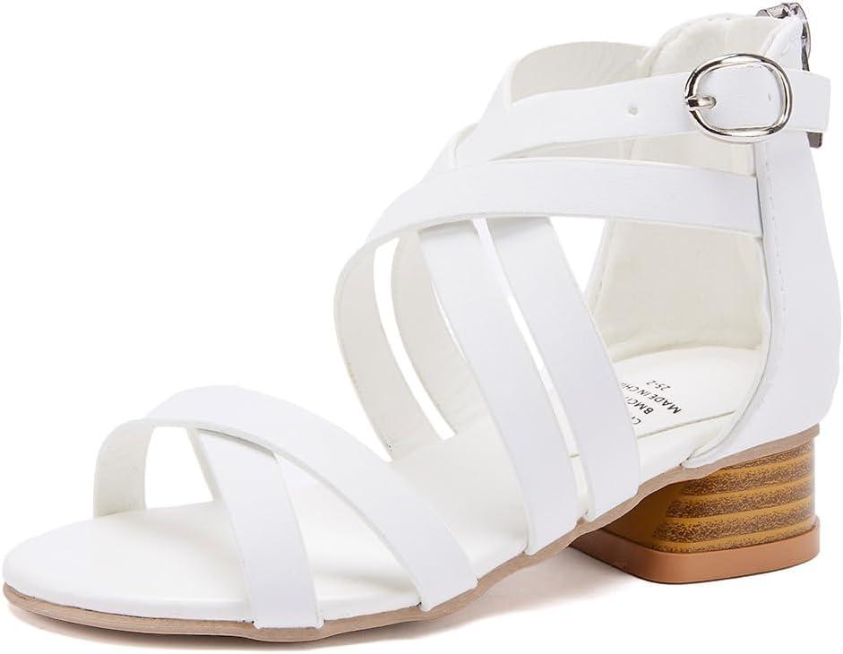 BMCiTYBM Girls Sandals Low Heels Flower Wedding Shoes Dress Pump Ankle Strap Open Toe Toddler Little Big Kids (7, 2-white)