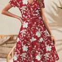 MSBASIC Womens Summer Wrap V Neck Casual Dresses Floral Short Sleeve A-Line Midi Sundress (Red, M)